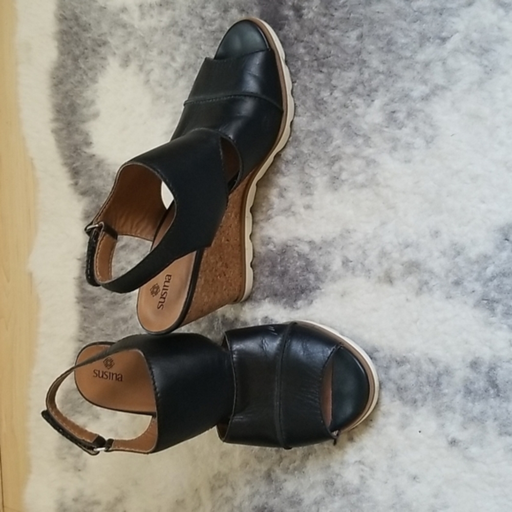 Black Susina platform sandals with white‎ trim bottoms